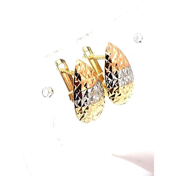 14 karat rose, white and yellow gold diamond cut dangle earrings